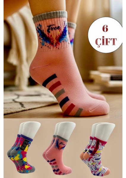 Kadın Çok Renkli Desenli Pamuklu Yarım Konç Çorap 6'lı Paket