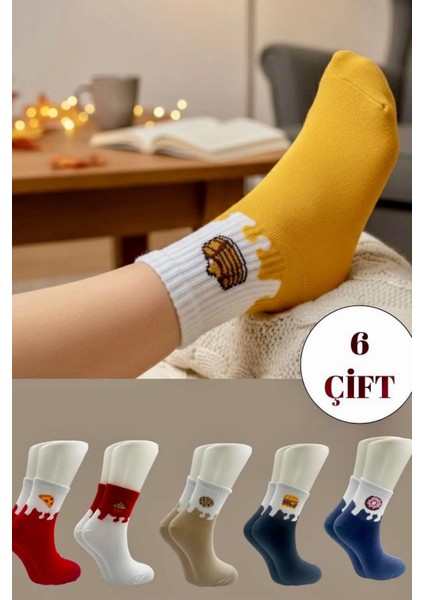 Unisex Renkli Meyveli - Yemekli Desenli Tenis Çorap 6'lı Paket