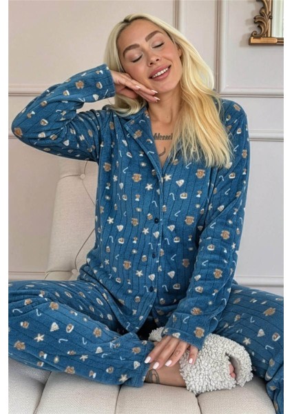 Mavi Cookie Desenli Önden Düğmeli Peluş Polar Pijama Takımı