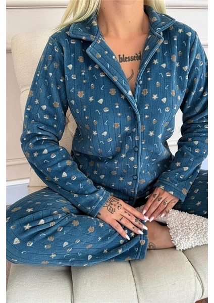 Mavi Cookie Desenli Önden Düğmeli Peluş Polar Pijama Takımı fırsatları