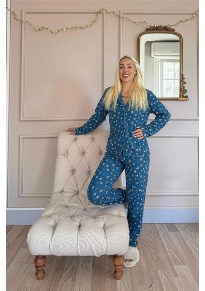 Mavi Cookie Desenli Önden Düğmeli Peluş Polar Pijama Takımı indirimleri