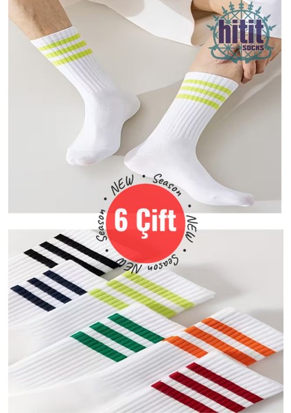 Unisex 6 Çift Renkli Çizgi Detaylı Premium Kalite Tüm Mevsime Uygun Günlük Kolej Çorap