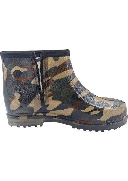 Erkek Kamuflaj Desenli Su Geçirmez Kısa Lastik Bot – Fermuarlı Bahçe ve Yağmur Ayakkabısı
