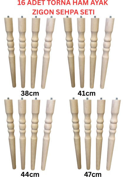 38–41–44–47 cm Ham Torna Ahşap Ayak Mobilya Zigon Sehpa Ayağı 4’lü Set | 16 Adet Ayak + 16 Bağlantı Aparatı