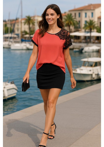 Gina Omuz Dantel Detay Ithal Şifon Bluz