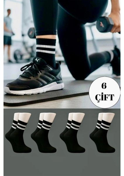 Unisex Siyah Yarım Konç Çizgili Tenis Çorap Kolej 6'lı Set