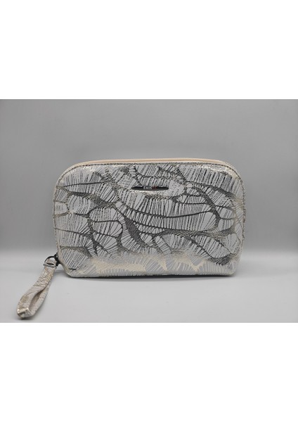 Beyaz Altın Desenli Hakiki Deri Makyaj Çantası, Kulplu ve Iç Cepli