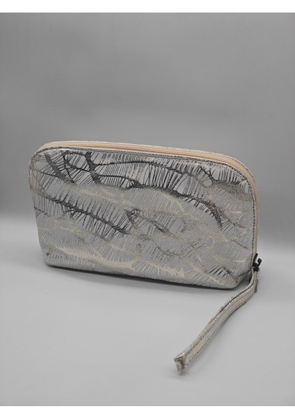 Beyaz Altın Desenli Hakiki Deri Makyaj Çantası, Kulplu ve Iç Cepli fiyatları