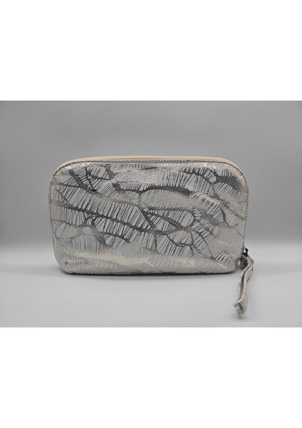 Beyaz Altın Desenli Hakiki Deri Makyaj Çantası, Kulplu ve Iç Cepli modelleri