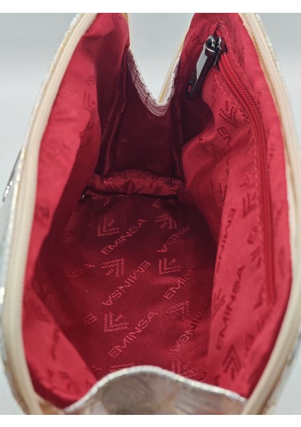 Beyaz Altın Desenli Hakiki Deri Makyaj Çantası, Kulplu ve Iç Cepli