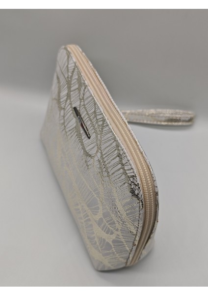 Beyaz Altın Desenli Hakiki Deri Makyaj Çantası, Kulplu ve Iç Cepli