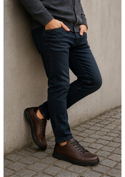 GR0224 Deri Kahverengi Erkek Lastik Bağcık Ithal Taban Sneaker Ayakkabı