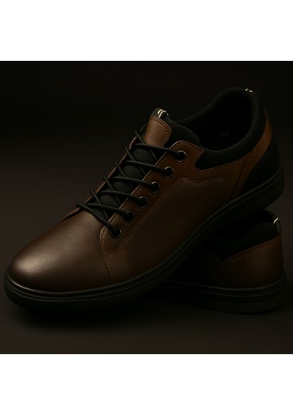 GR0224 Deri Kahverengi Erkek Lastik Bağcık Ithal Taban Sneaker Ayakkabı