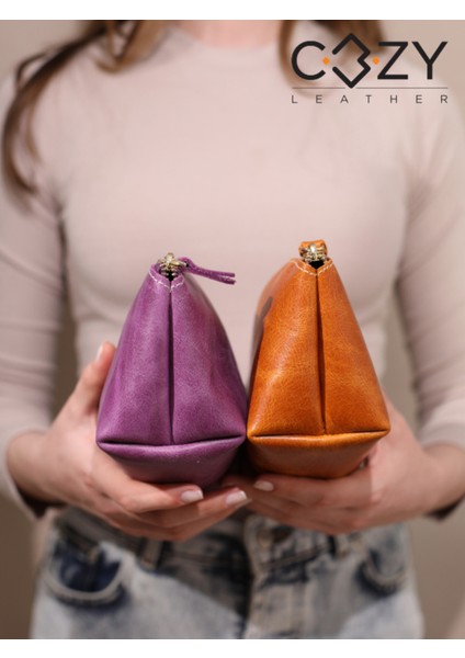 Turuncu Büyük Gerçek Deri Kadın Makyaj Çantası, Şık ve Fonksiyonel Tasarım