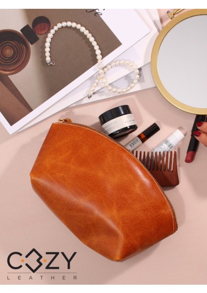 Turuncu Büyük Gerçek Deri Kadın Makyaj Çantası, Şık ve Fonksiyonel Tasarım indirimleri