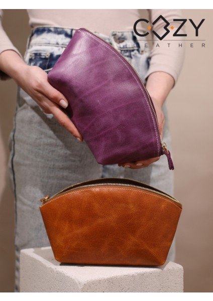 Turuncu Büyük Gerçek Deri Kadın Makyaj Çantası, Şık ve Fonksiyonel Tasarım