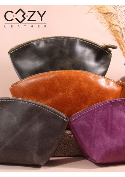 Turuncu Büyük Gerçek Deri Kadın Makyaj Çantası, Şık ve Fonksiyonel Tasarım