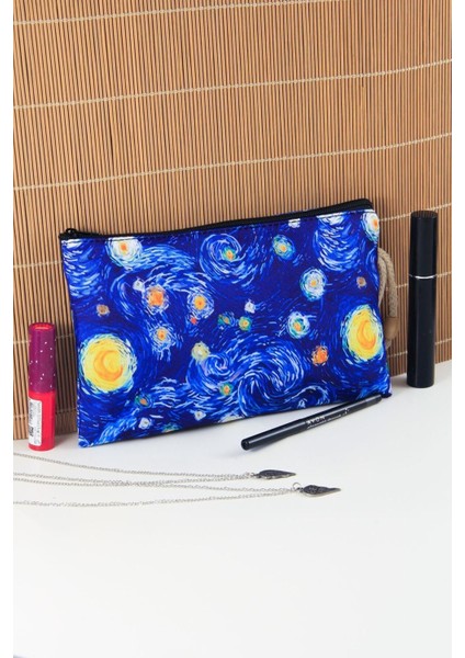 Yıldızlı Gece Desenli Büyük Boy Fermuarlı Kalemlik ve Makyaj Çantası, Çok Renkli