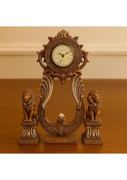 Aslan Figürlü Dekoratif Masa Saati Kraliyet Tarzı 40X28