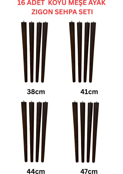 38–41–44–47 cm Koyu Meşe Ayak Mobilya Ahşap Zigon Sehpa Ayağı 4’lü Set | 16 Adet Ayak + 16 Bağlantı Aparatı