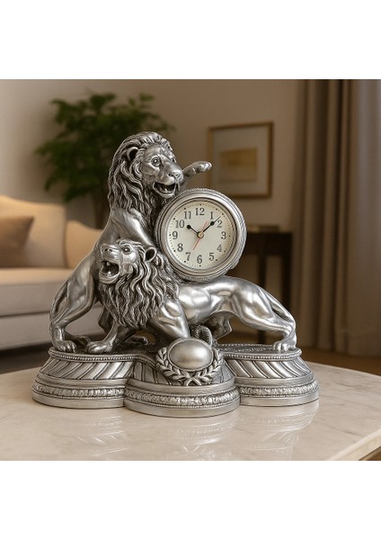 Gümüş Gold Aslan Figürlü Masa Saati 28X26 fiyatları