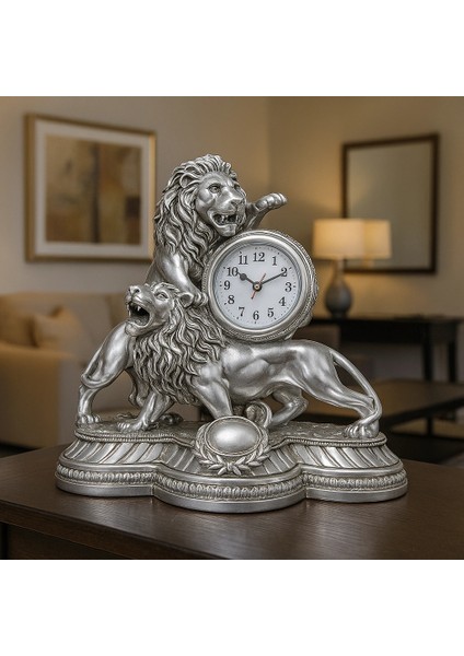 Gümüş Gold Aslan Figürlü Masa Saati 28X26 fırsatları