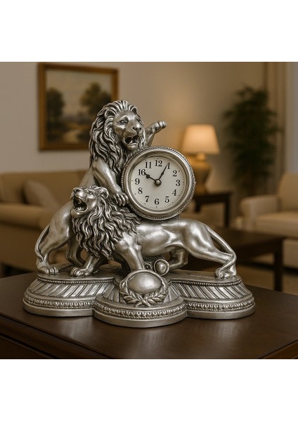Gümüş Gold Aslan Figürlü Masa Saati 28X26 indirimleri