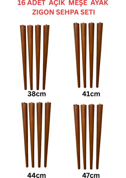 38–41–44–47 cm Açık Meşe Ahşap Mobilya Zigon Sehpa Ayağı 4’lü Set | 16 Adet Ayak + 16 Bağlantı Aparatı