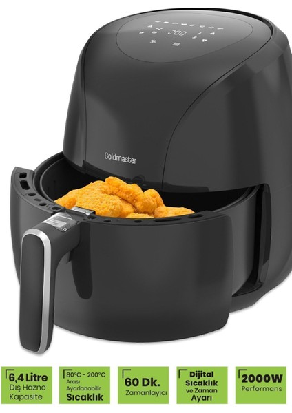 2000W Yüksek Güçlü 6,4l Geniş Dokunmatik Hava Fritözü, Sağlıklı ve Pratik Kullanım indirimleri