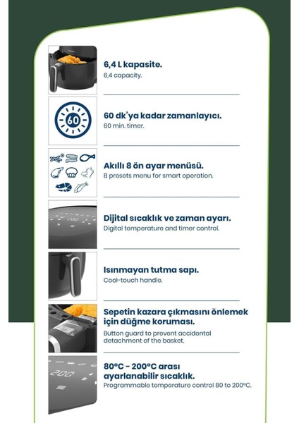 2000W Yüksek Güçlü 6,4l Geniş Dokunmatik Hava Fritözü, Sağlıklı ve Pratik Kullanım
