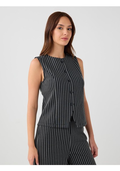 Antrasit Bisiklet Yaka Kolsuz Çizgi Desenli Örme Yelek modelleri