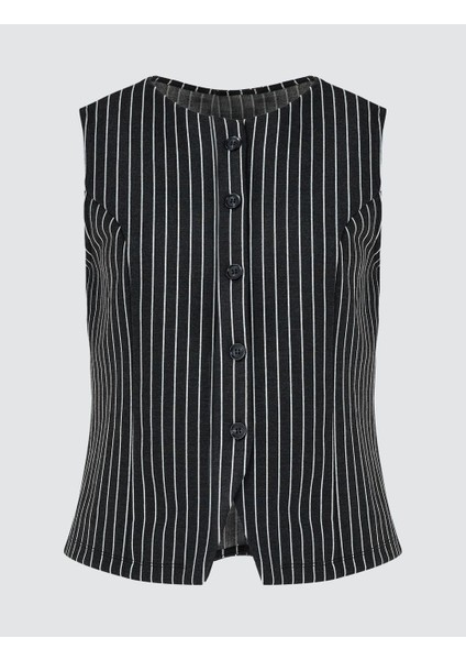 Antrasit Bisiklet Yaka Kolsuz Çizgi Desenli Örme Yelek