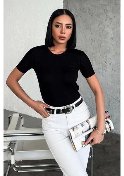 Rahat ve Şık Kısa Kollu Bisiklet Yaka Likralı Viskon Penye Body Siyah ( Lisinya )