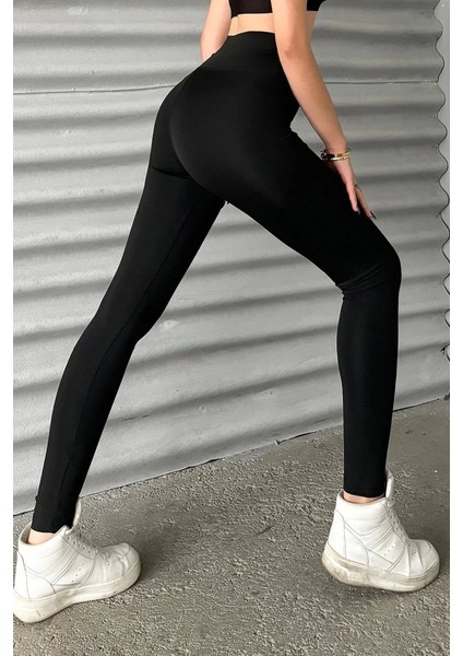 Esnek Yüksek Bel Siyah Uzun Parlak Disco Tayt ( Lisinya )