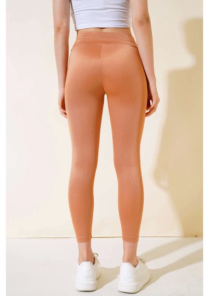 Esnek Yüksek Bel Taba Uzun Parlak Disco Tayt ( Lisinya ) fırsatları