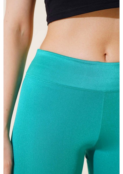 Esnek Yüksek Bel Yeşil Uzun Parlak Disco Tayt ( Lisinya ) modelleri