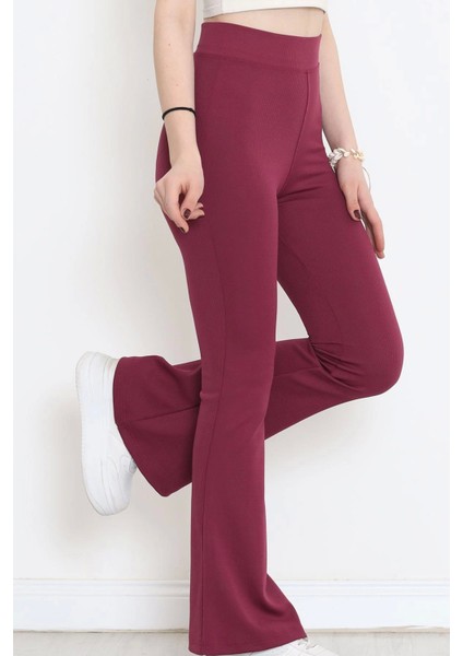 Şık ve Rahat Yüksek Bel Ispanyol Paça Fitilli Toparlayıcı Mürdüm Tayt ( Lisinya )