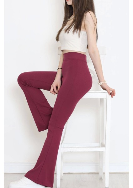 Şık ve Rahat Yüksek Bel Ispanyol Paça Fitilli Toparlayıcı Mürdüm Tayt ( Lisinya ) modelleri