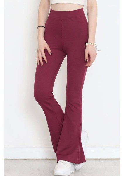 Şık ve Rahat Yüksek Bel Ispanyol Paça Fitilli Toparlayıcı Mürdüm Tayt ( Lisinya )