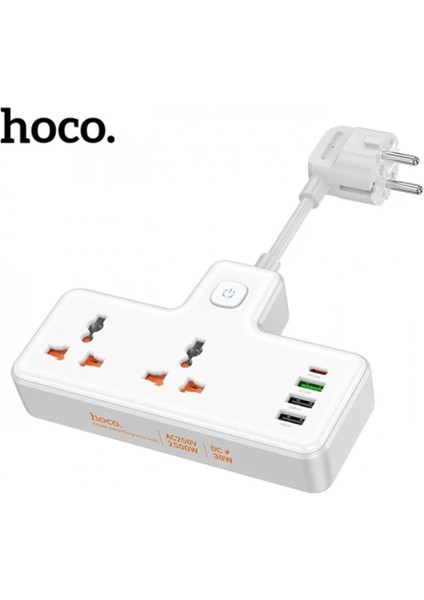 Hoco AC12A 2500W 2 Priz + 3 USB + 30W Type-C Multifonksiyonel Priz Çoğaltıcı Şa - BRF15820-113