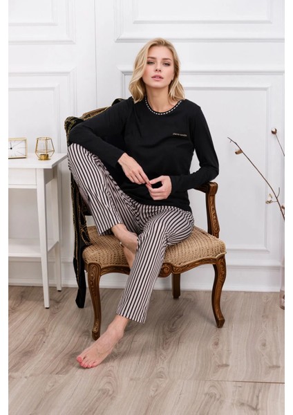 Kadın Giyim Pamuklu & Modal Çizgi Detaylı Pijama Takımı