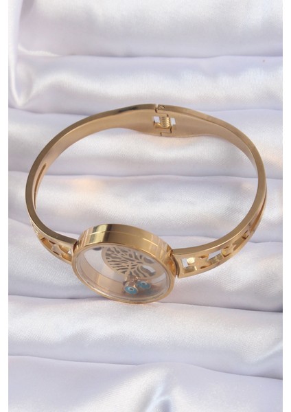 316L Çelik Altın Renk Içi Yaşam Ağacı ve Nazar Boncuk Figürlü Açılabilir Fanus Kelepçe - Lisinya fiyatları