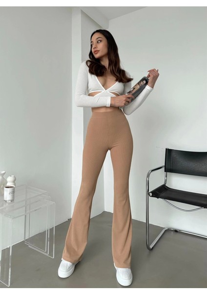 Şık ve Rahat Yüksek Bel Ispanyol Paça Fitilli Toparlayıcı Bej Tayt ( Lisinya ) fiyatları