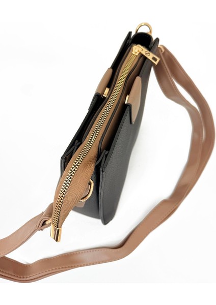 Çok Bölmeli Çapraz Kullanııma Uygun Kadın Çanta Siyah Vizon indirimleri