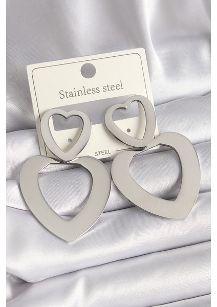 316L Çelik Gümüş Renk Kalp Model Kadın Küpe - Lisinya