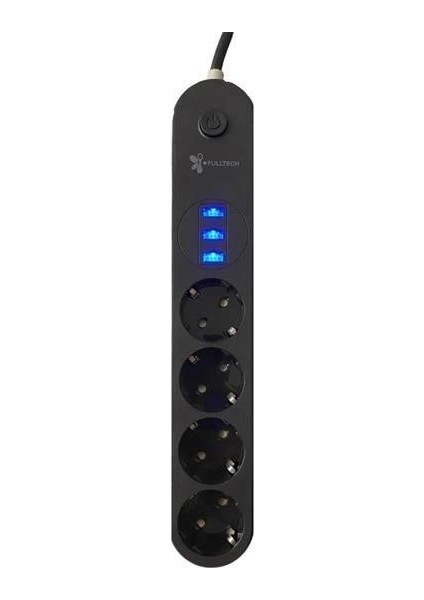 4lü Siyah Anahtarlı 3 USB Li Akım Korumalı Topraklı Çocuk Korumalı Grup Priz 2 Metre