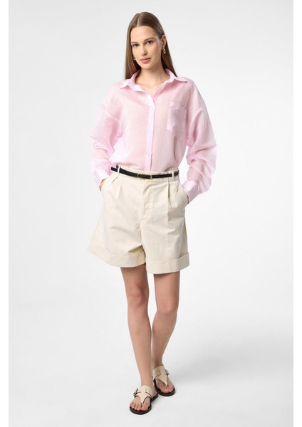 Pembe Relax Fit Çizgili Uzun Kollu Kadın Gömlek