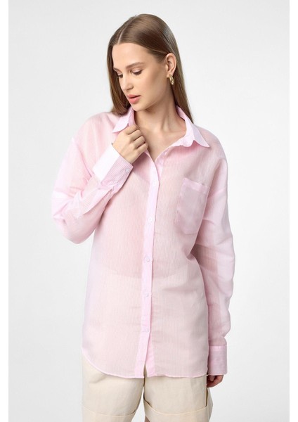 Pembe Relax Fit Çizgili Uzun Kollu Kadın Gömlek fiyatları
