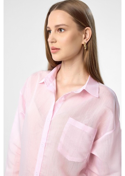 Pembe Relax Fit Çizgili Uzun Kollu Kadın Gömlek fırsatları