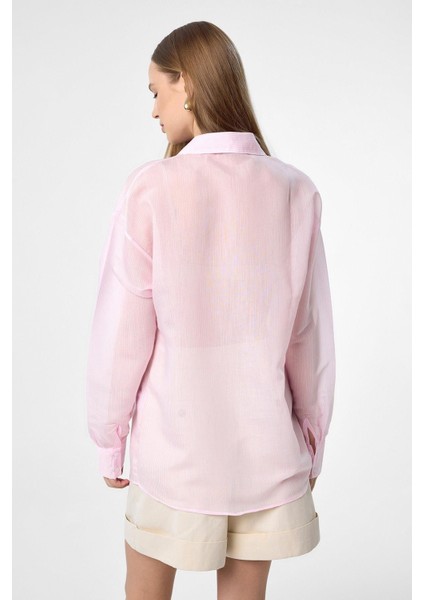 Pembe Relax Fit Çizgili Uzun Kollu Kadın Gömlek indirimleri